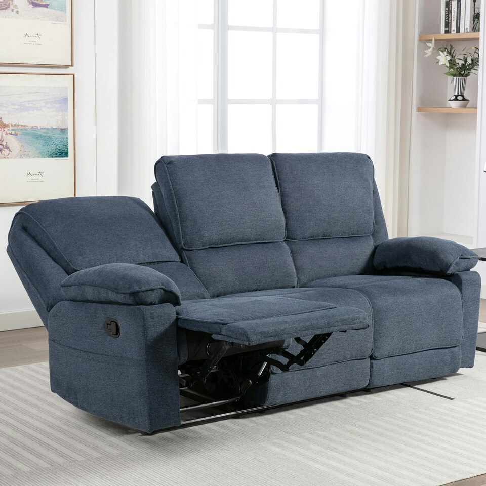image 1 of Sydney 3 Seater Fabric Manual Recliner Sofa with Drinks Console (Blue)