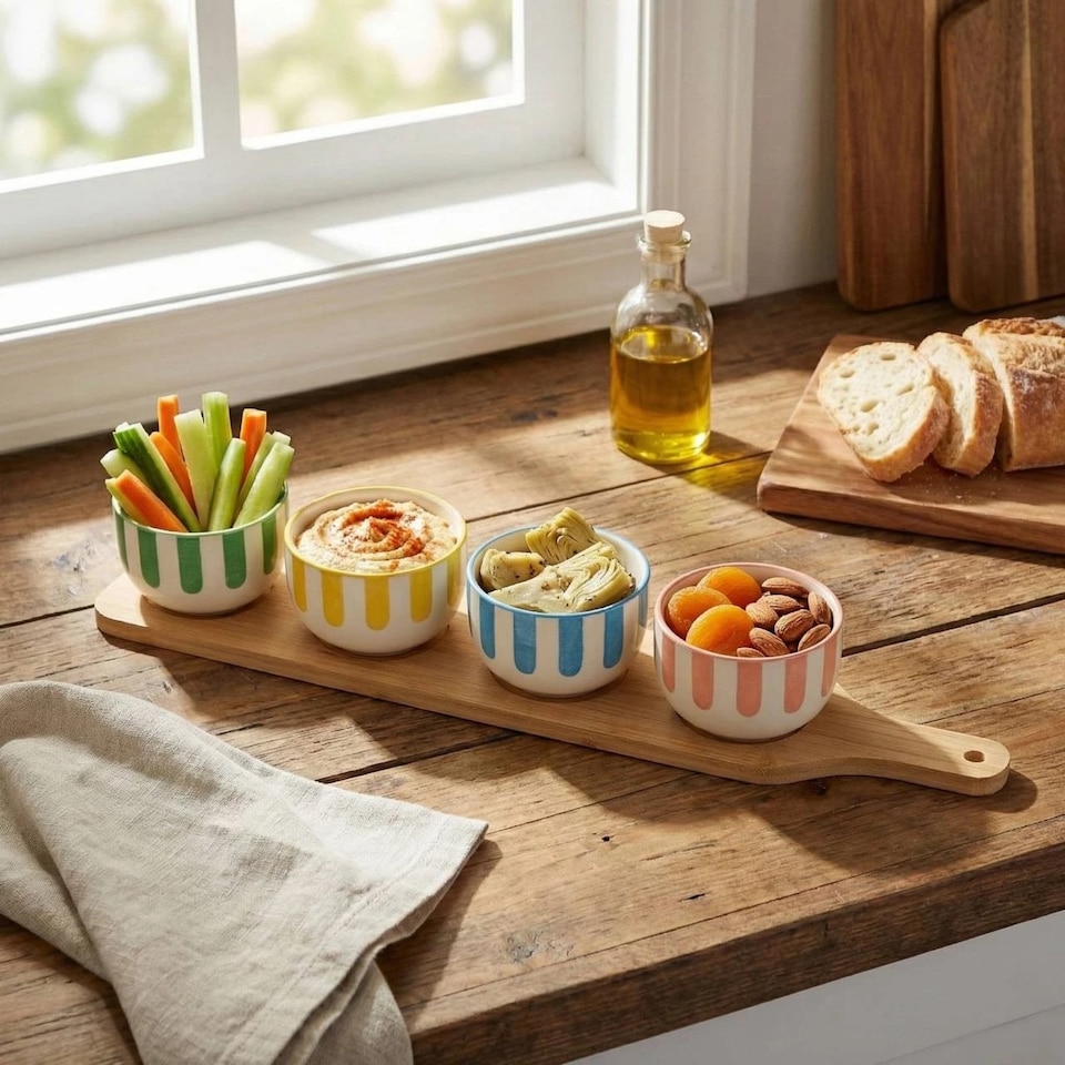 everyone vincent ceramic tray3点セット 5pc Porcelain Bowl Set with Bamboo Tray | Multi | Multicoloured