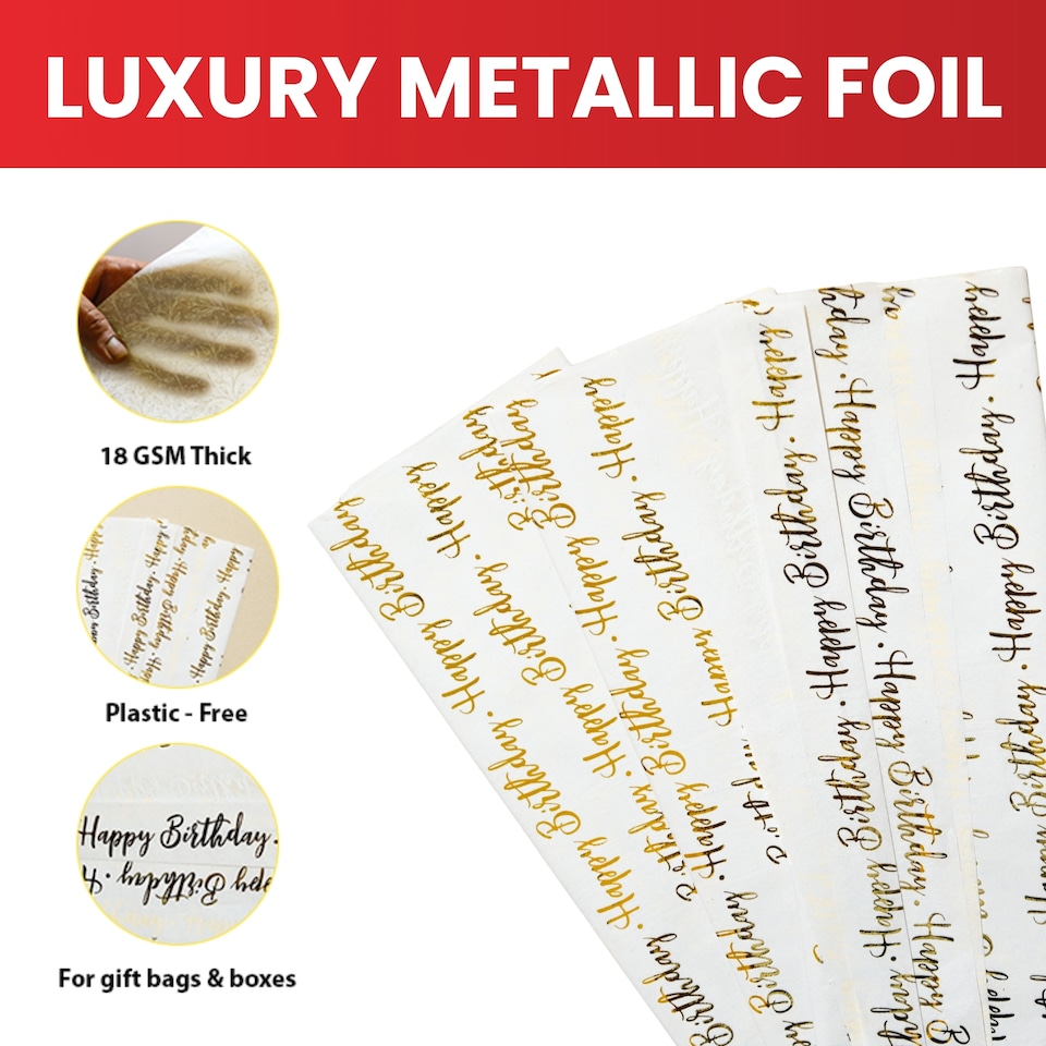 image 1 of Pack of 30 Happy Birthday Script Luxury Gold Metallic Plastic-Free 18gsm Tissue Paper Sheets 50x70cm - Patterned Tissue Paper for Xmas, New Year, Party, Wedding, Birthday Packing Present Gift Box DIY