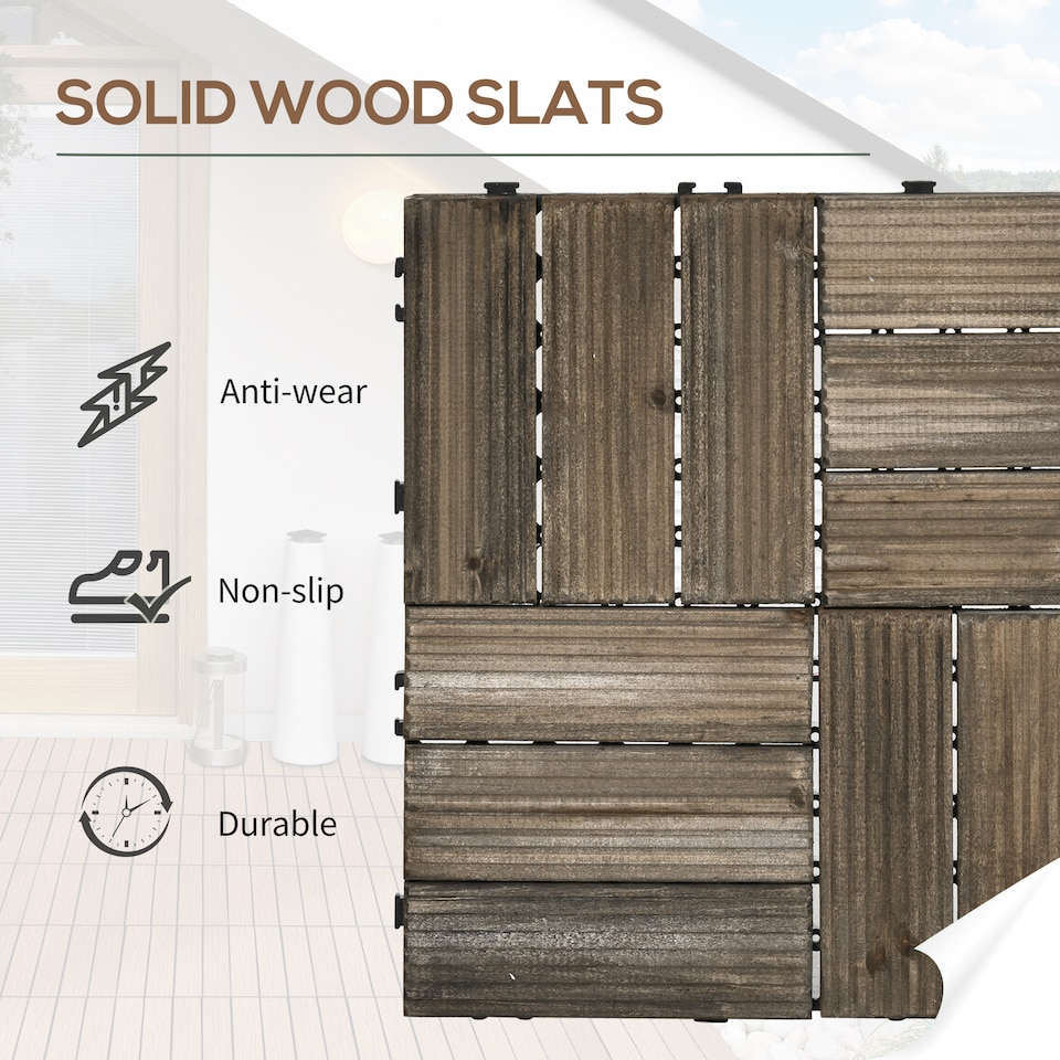 image 1 of Outsunny 27 Pcs Wooden Decking Tiles, 30x30cm Decking Boards, Brown