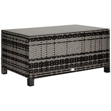 Outsunny Garden Rattan Side Table,Wicker Coffee Desk, Glass Top, Mixed Grey