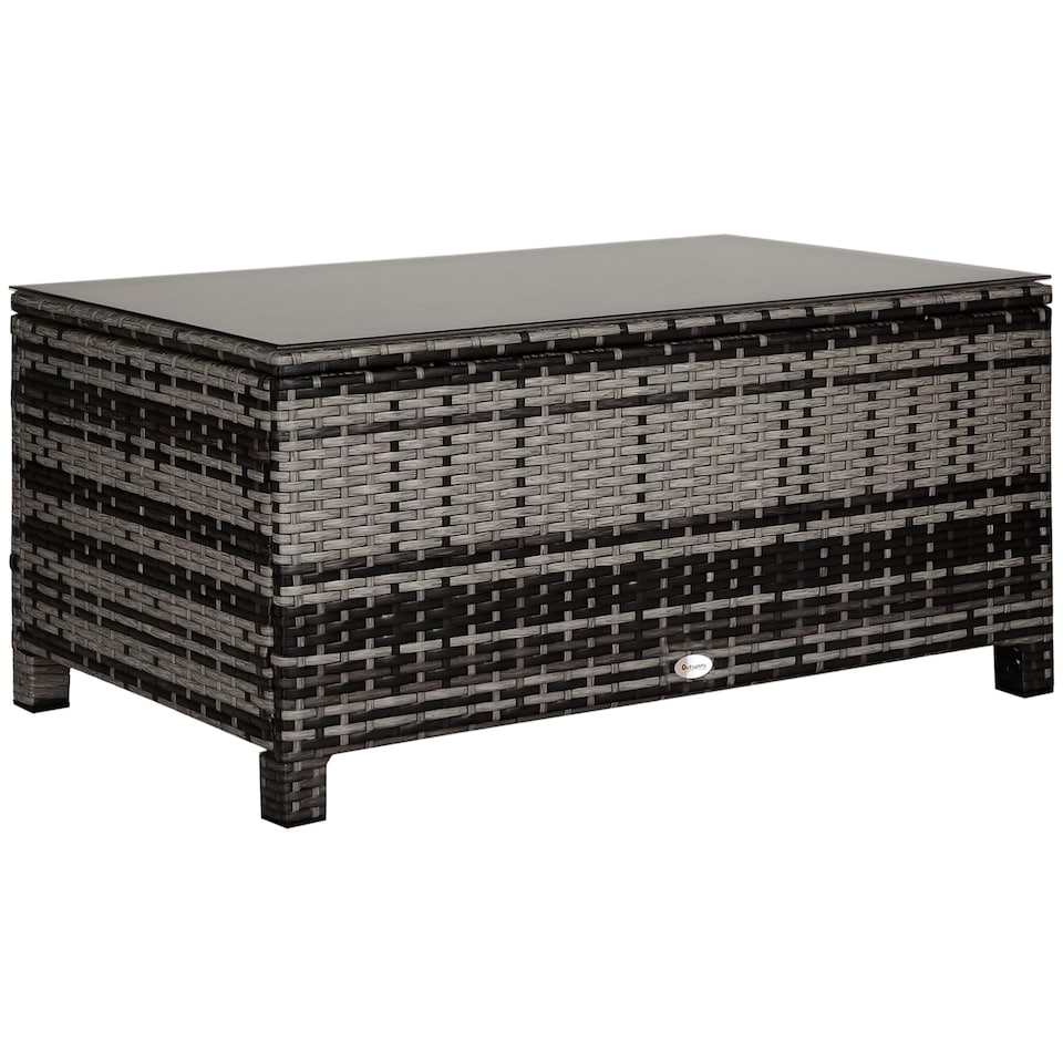 image 1 of Outsunny Garden Rattan Side Table,Wicker Coffee Desk, Glass Top, Mixed Grey