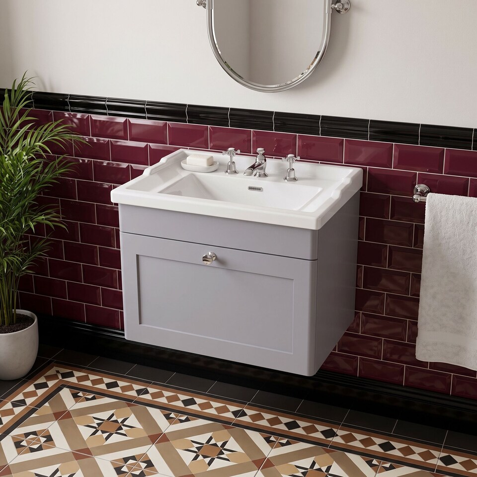 image 1 of Balterley Swynnerton Traditional 1 Drawer Wall Hung Vanity Unit with Basin, Satin Grey, 600mm