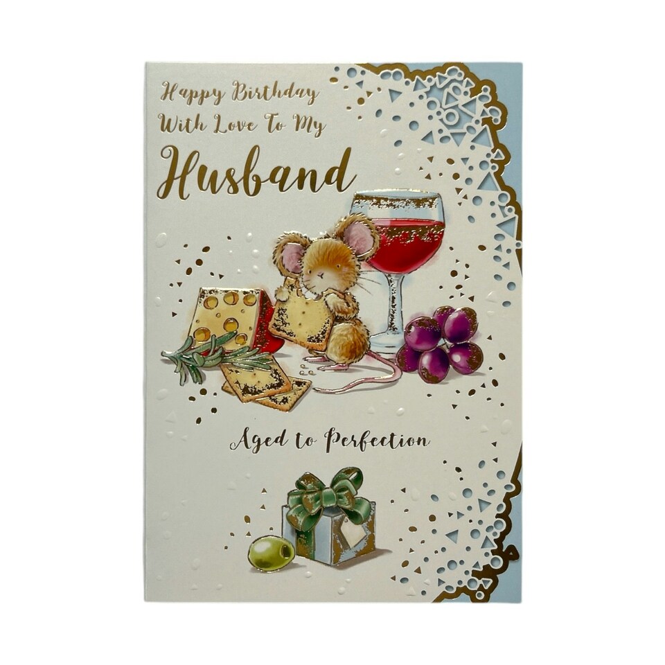 image 1 of To My Husband Mouse Munching Cheese Design Birthday Card
