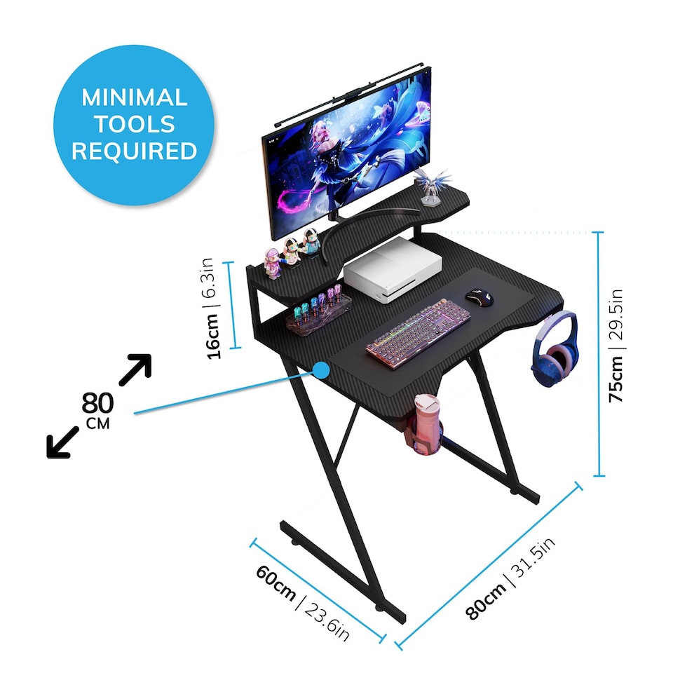 image 1 of House of Home Gaming Desk with Monitor Stand Carbon Fibre Black 80cm | Black