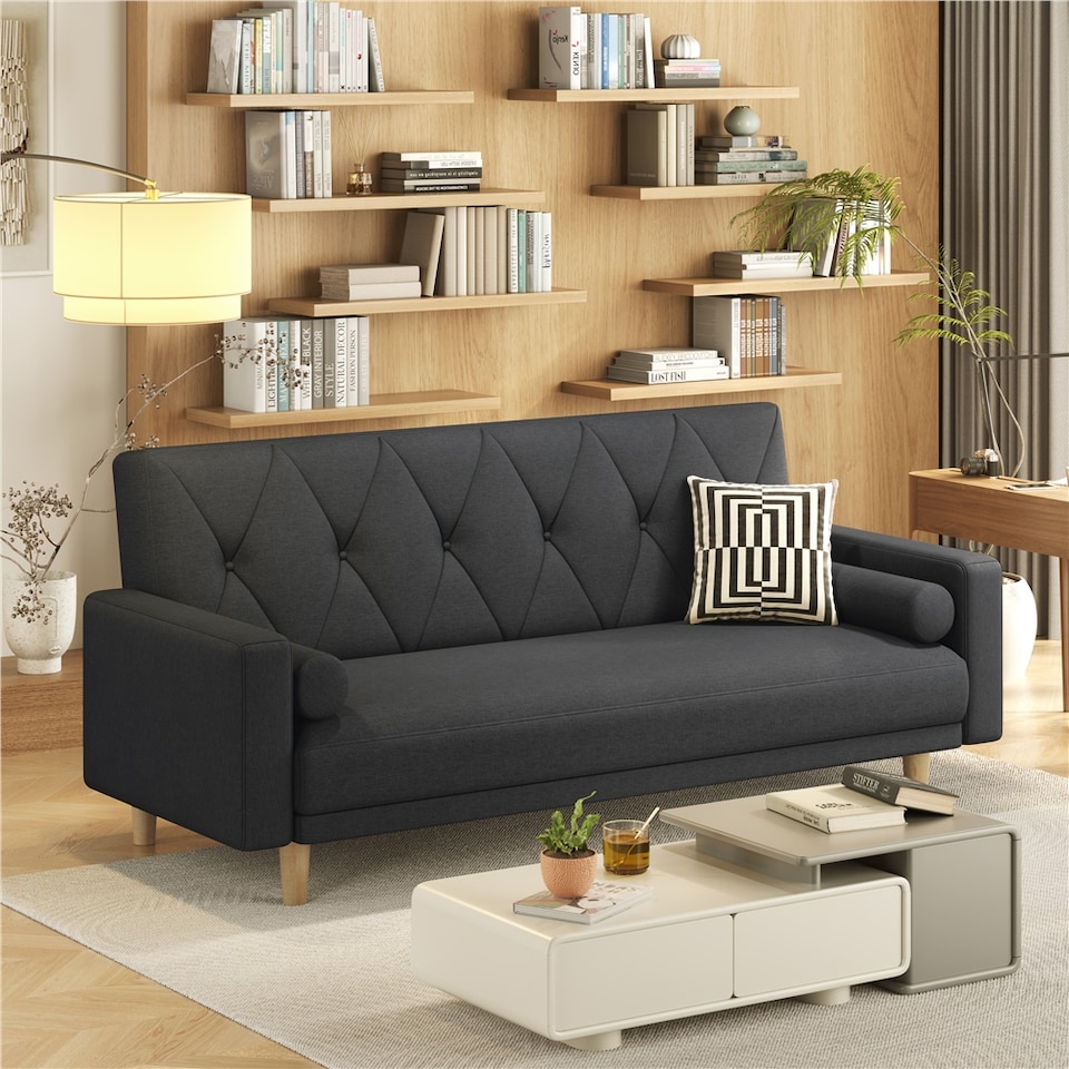 image 1 of Yaheetech Fabric Convertible Sofa Bed with 2 Bolster Pillows-Black