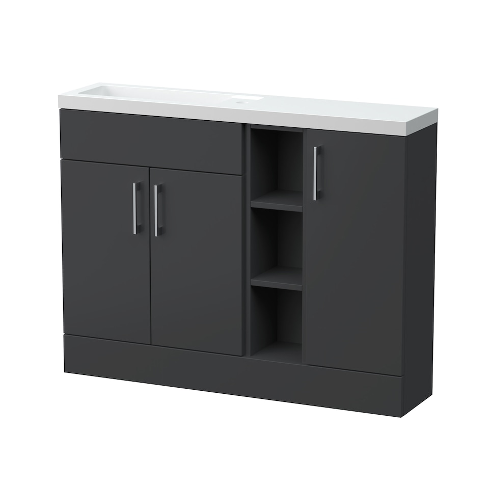 image 1 of Balterley Wichnor Contemporary Floor Standing Compact 3 Door Combination Vanity Basin Unit with Open Shelves and Polymarble Basin, 1100mm, Dark Grey