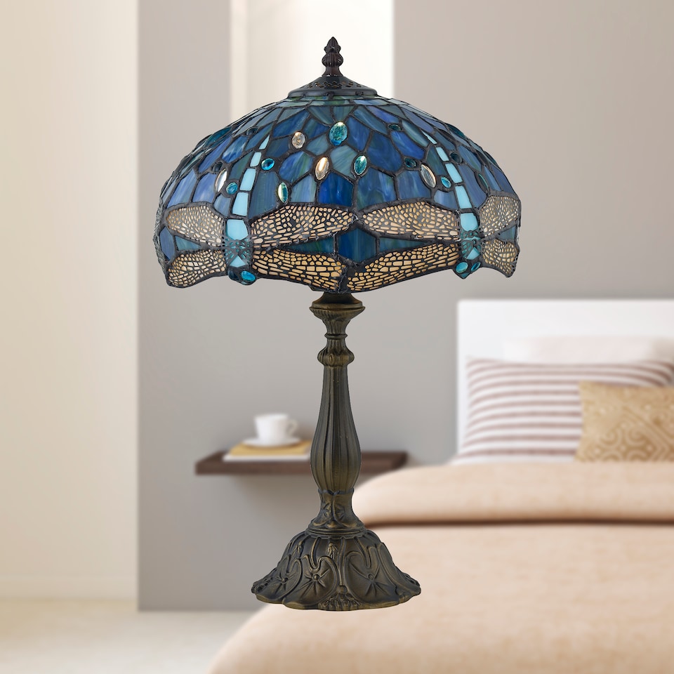 image 1 of Set of 2 Beaumont - Tiffany Dragonfly Coloured Glass 47cm Table Lamps