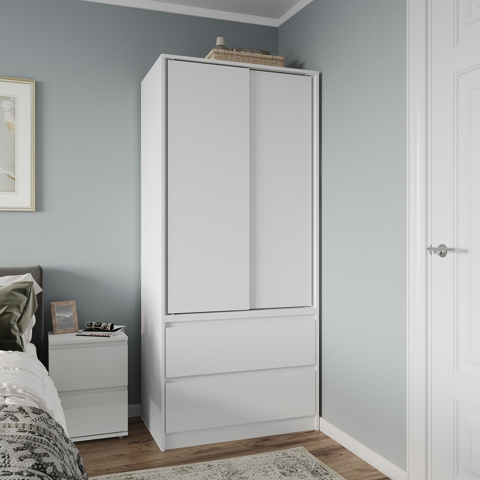 image 1 of URBNLIVING 2 Sliding Door Wardrobe With 2 Drawers And Hanging Rail | White | White Doors | 1