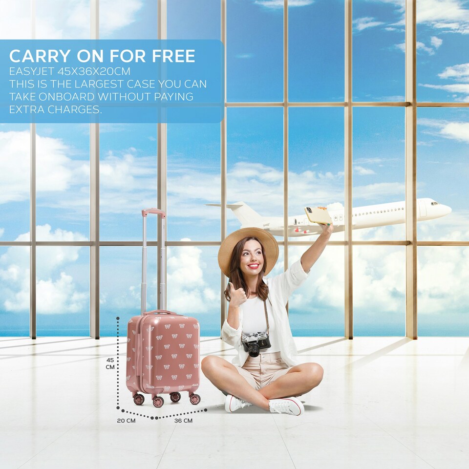 image 1 of Flight Knight Carry On Suitcase - 8 Wheel TSA Lock USB Port - Anti Crack Case Hard Luggage Approved for easyJet, Jet2, BA Pink | Rose Gold/White Butterfly | Cabin Bag