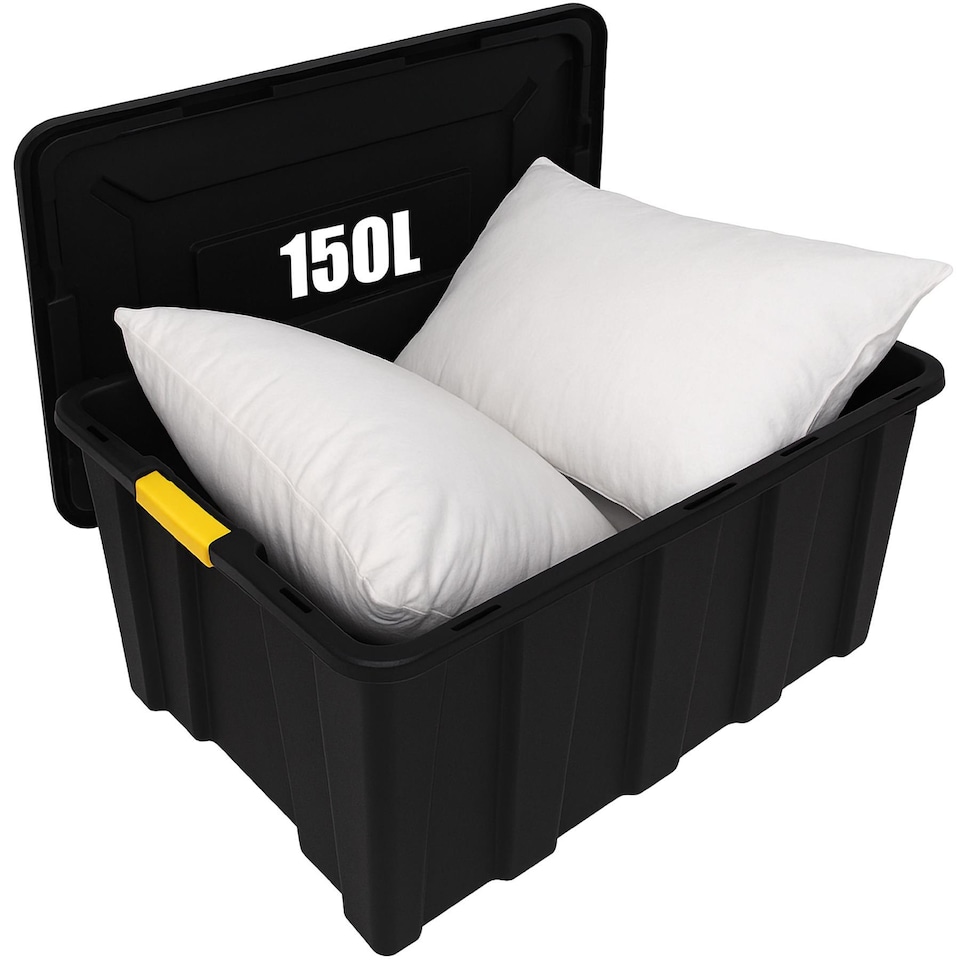 image 1 of Large Plastic Storage Box with Lid (92x58x42 cm) Heavy Duty Container 150L Capacity Black Stackable Box for Garage Pack of 10