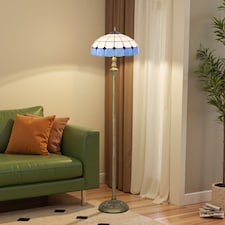 HOMCOM Tiffany-Style Floor Lamp with Handcrafted Stained Glass Shade, 152cm Tall Vintage Standing Lamp with Foot Switch and Dual Sockets for Living Room Bedroom, Bronze Tone and Blue | Blue