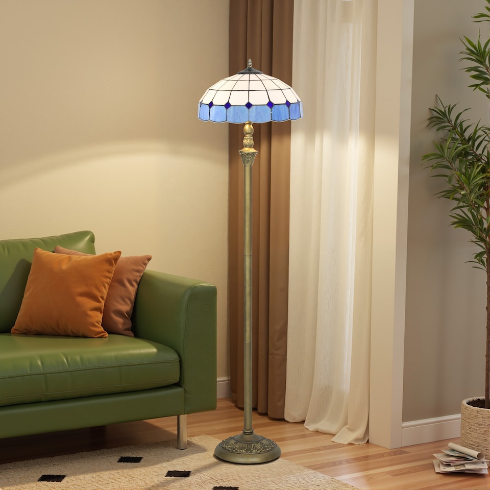 image 1 of HOMCOM Tiffany-Style Floor Lamp with Handcrafted Stained Glass Shade, 152cm Tall Vintage Standing Lamp with Foot Switch and Dual Sockets for Living Room Bedroom, Bronze Tone and Blue | Blue