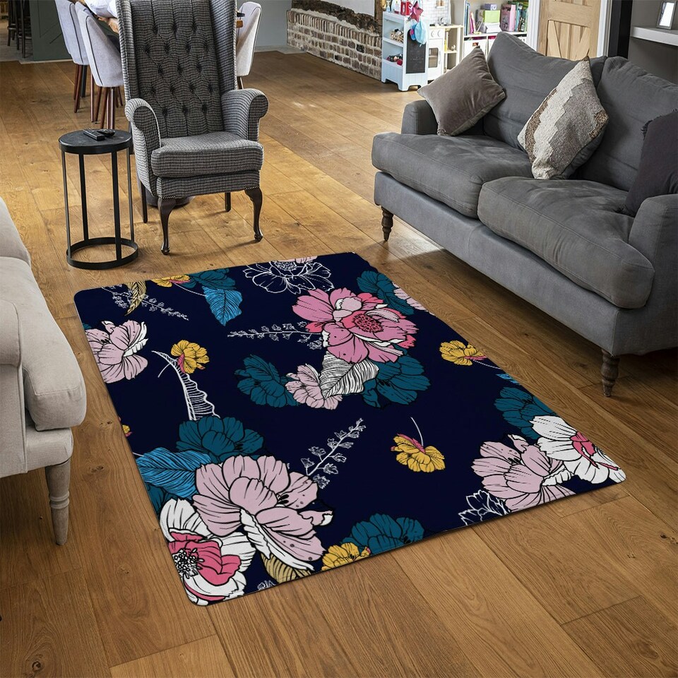 image 1 of Pink Flowers on Navy (Rug) Pink | Large: 140x200cm