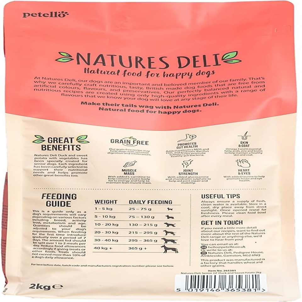 image 1 of Natures Deli Senior Dry Dog Food, Grain Free Natural Complete Hypoallergenic Food for Dogs, Suitable for All Breeds Aged 7 Plus, Duck and Sweet Potato - 2 kg