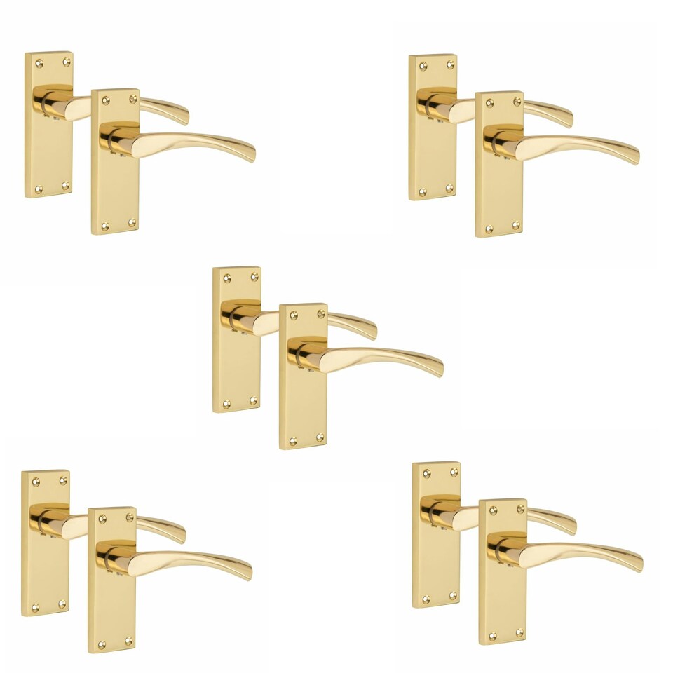 image 1 of Golden Grace 5 Pairs Victorian Scroll Astrid Handle Latch Door Handles in Gold Polished Brass with 120mm x 40mm Backplate Gold
