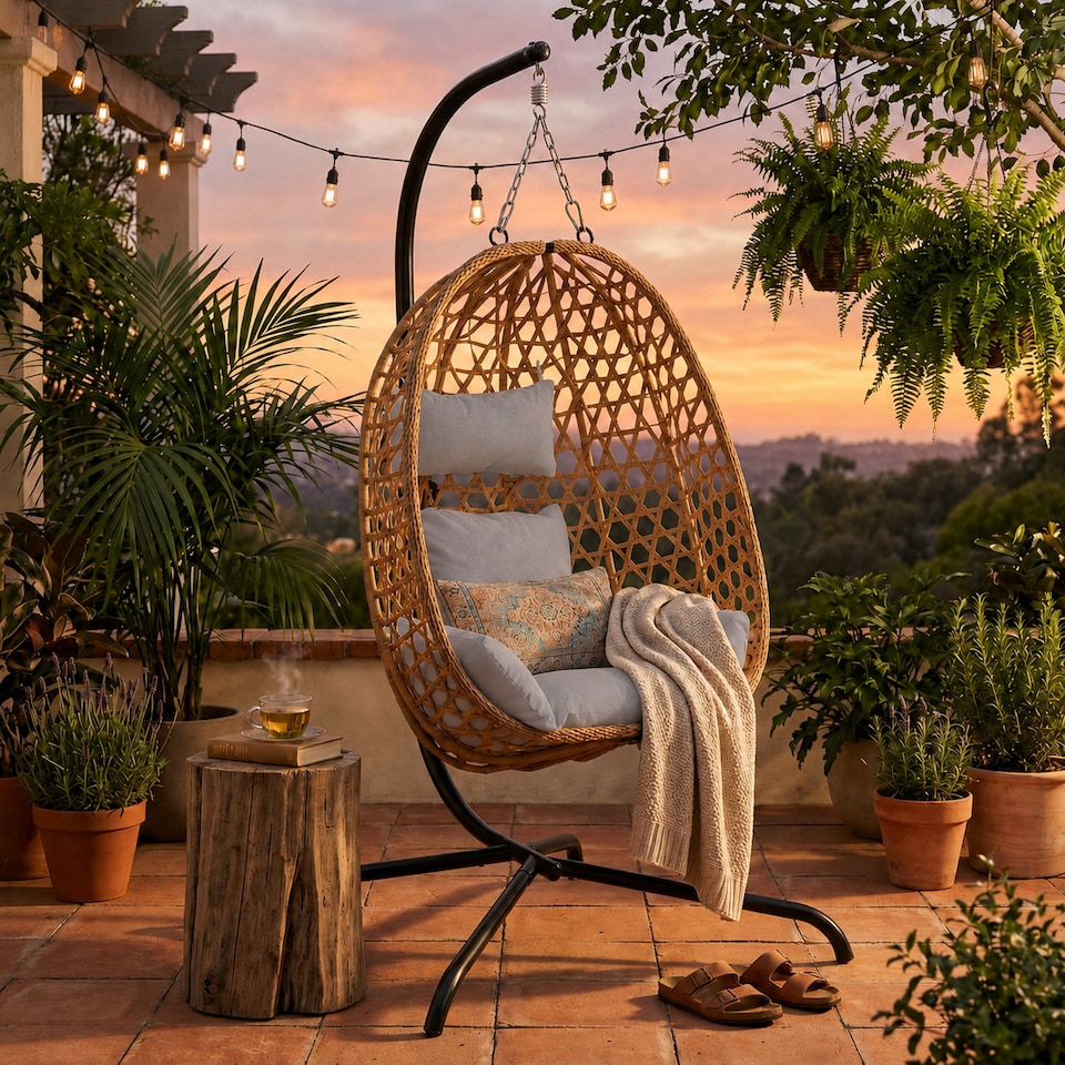 image 1 of URBNLIVING Rattan Hanging Egg Chair With Stand Indoor Outdoor