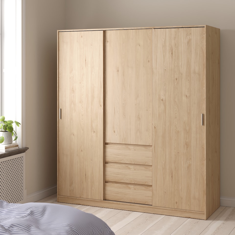 image 1 of Naia Wardrobe with 2 Sliding Doors 1 Door 3 Drawers in Jackson Hickory Oak