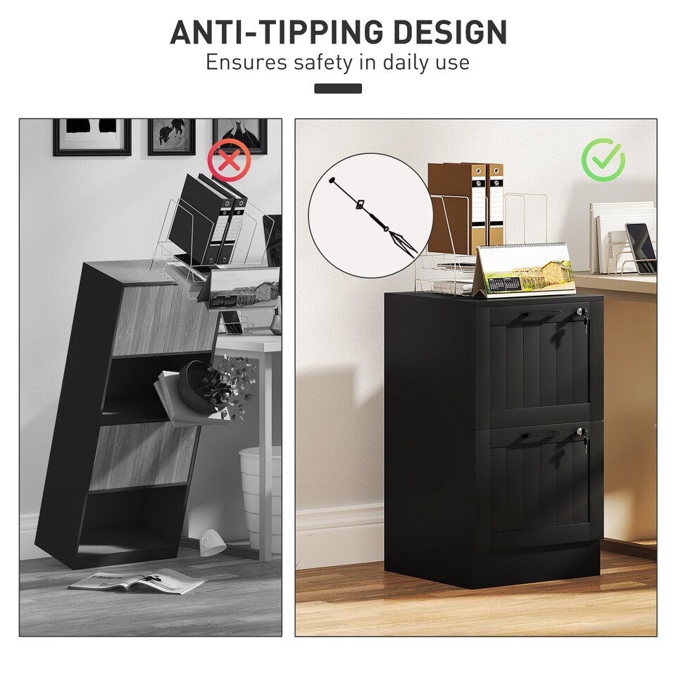 image 1 of HOMCOM 2 Drawer File Cabinet with Lock, Vertical Filing Cabinet with Adjustable Hanging Bars for A4 and Letter Size File Folders, Printer Stand with Storage, Black | Black