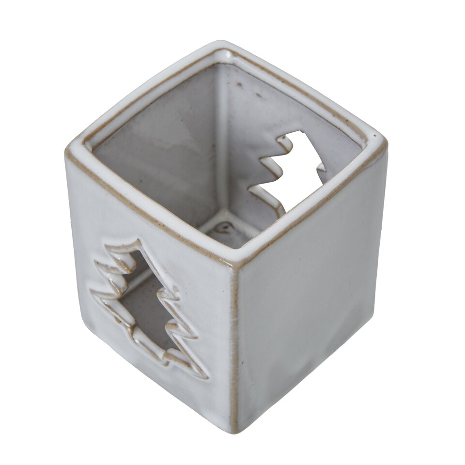 image 1 of Tree Cut-Out Square Tealight Holder - Ceramic - L7 x W7 x H8 cm - White