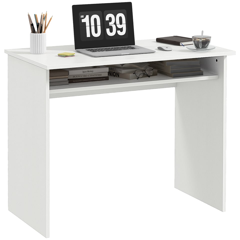 image 1 of HOMCOM Modern Computer Desk, Home Office Table, Small Writing Desk with Storage Shelf, 90 x 50cm, White Wood Grain
