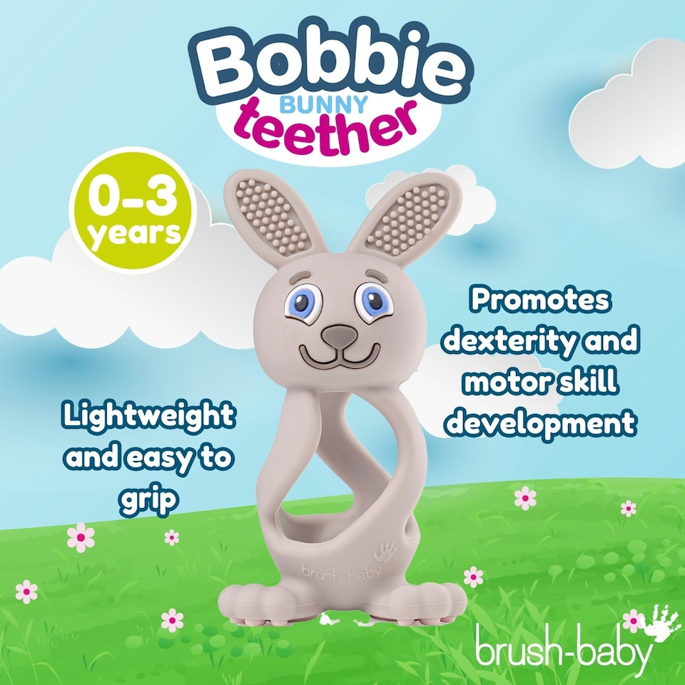image 1 of Bobbie Bunny Baby Teether Toy Cappuccino Grey | Twist & Bounce Teething Toy