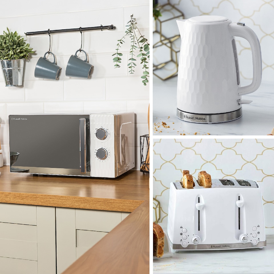 image 1 of Russell Hobbs Honeycomb Bundle Set with Kettle, 4 Slice Toaster, and Microwave White HCBNDL4W
