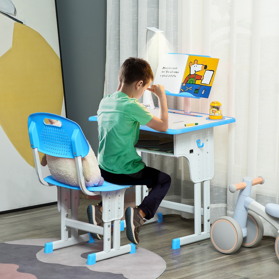 image 1 of HOMCOM Kids Desk and Chair Set with Drawer, Book Stand, Pen Slot
