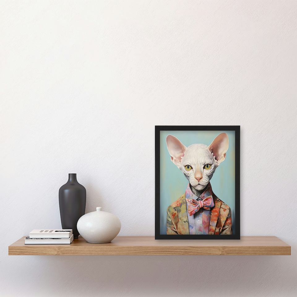 image 1 of Stylish Sphynx Cat Pastel Colour Pet Home Decor Black Framed Wall Art Print A4