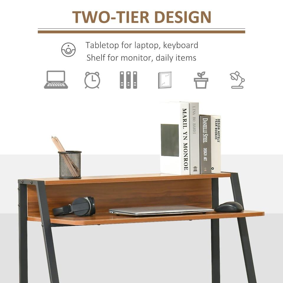 image 1 of HOMCOM 2-Tier Storage Computer Workstation with Shelf, Metal Frame Walnut