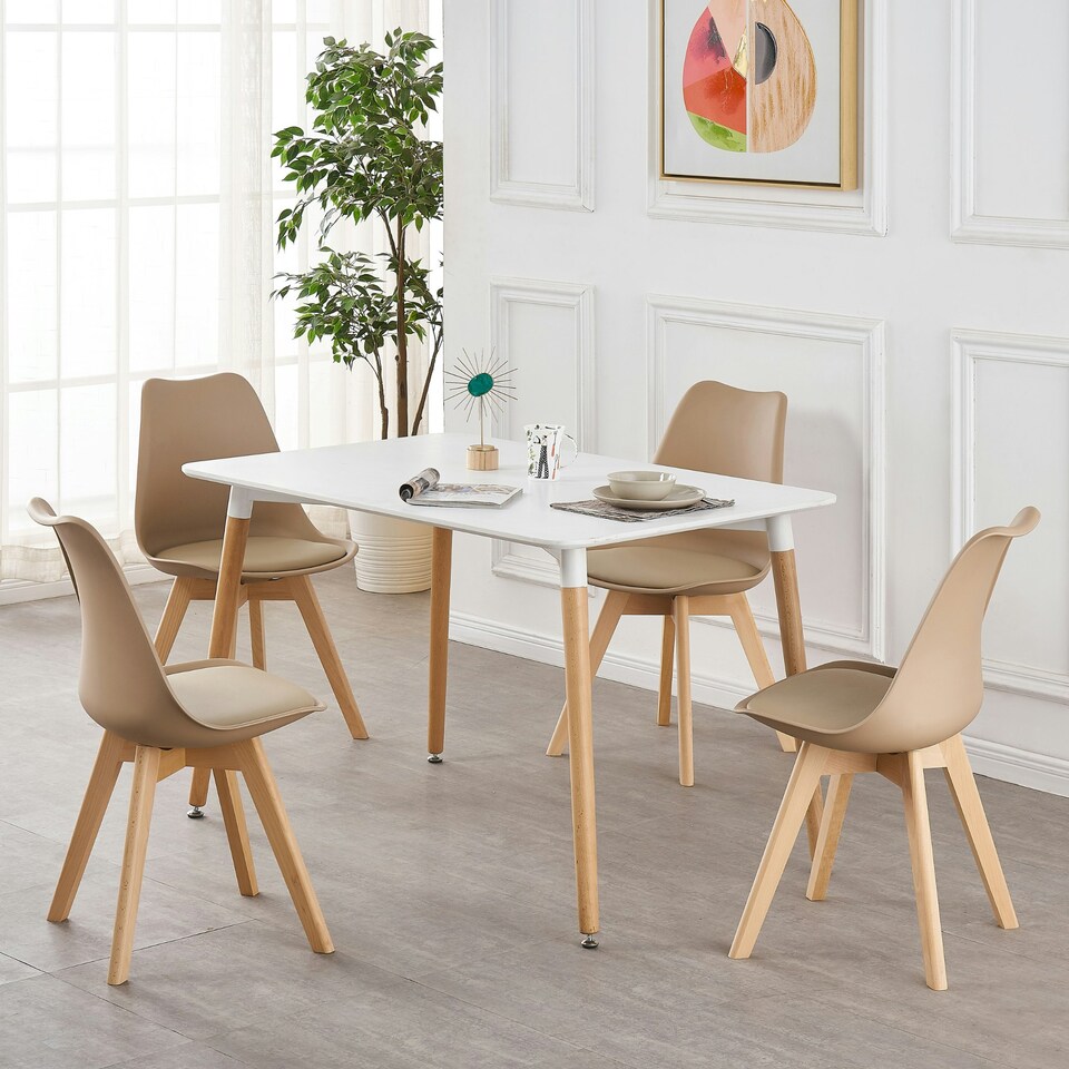 image 1 of Set of 2 Scandinavian Dining Chairs with Leather Cushions Solid Wood Legs Bronze | Vanilla