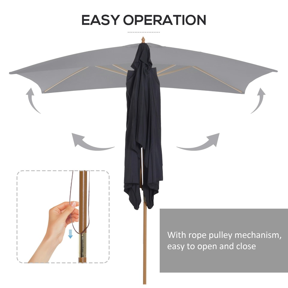 image 1 of Outsunny Wooden Garden Parasol Sun Shade Patio Umbrella Canopy Black