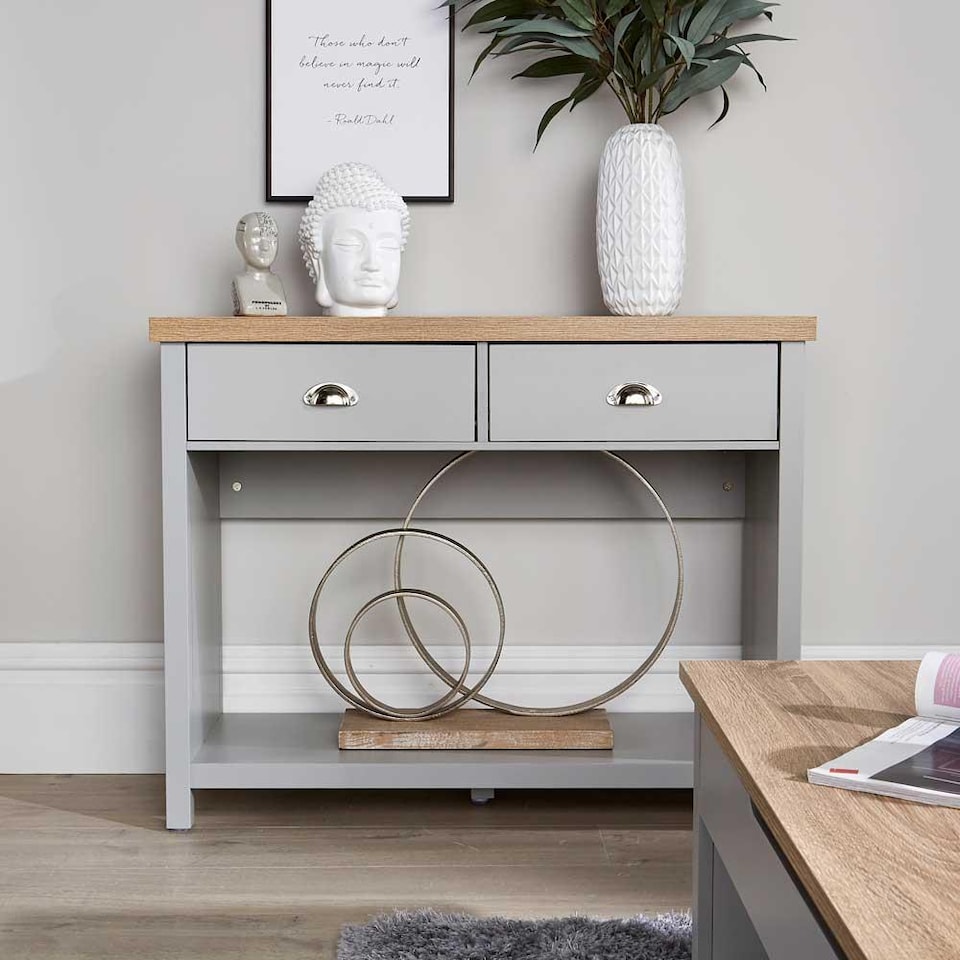 image 1 of Console Table 2 Drawer Telephone Table Metal Handles Hallway Storage | Grey