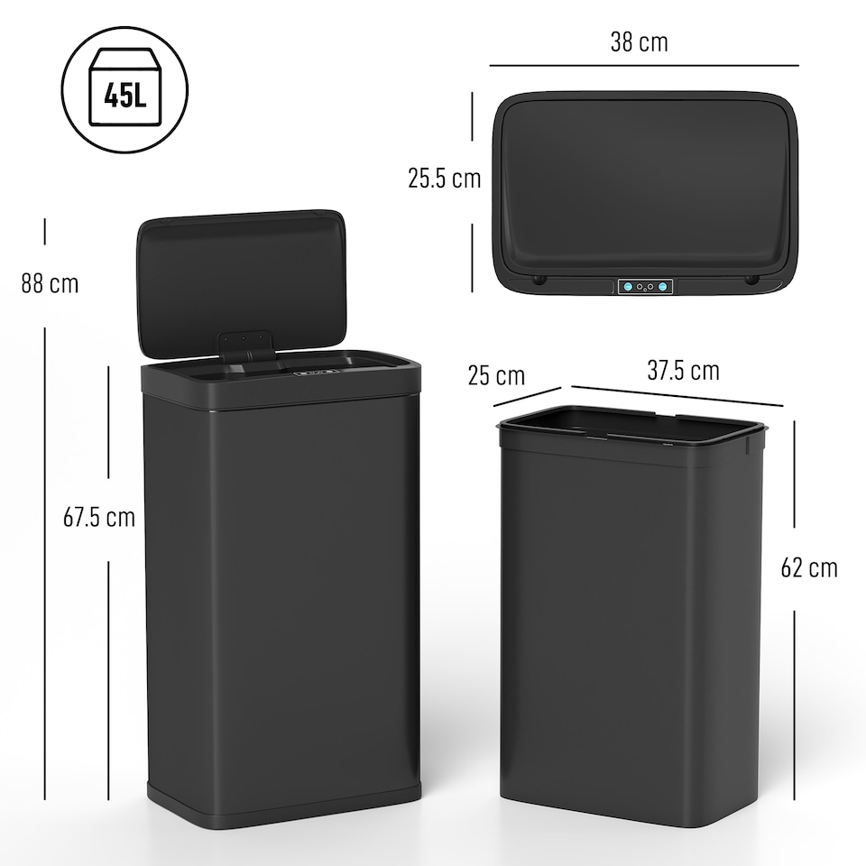 image 1 of HOMCOM 45L Sensor Bin, Metal Kitchen Bin with Automatic Soft Close Lid and Fingerprint-Proof for Recycling and Waste, Black | Black | Black