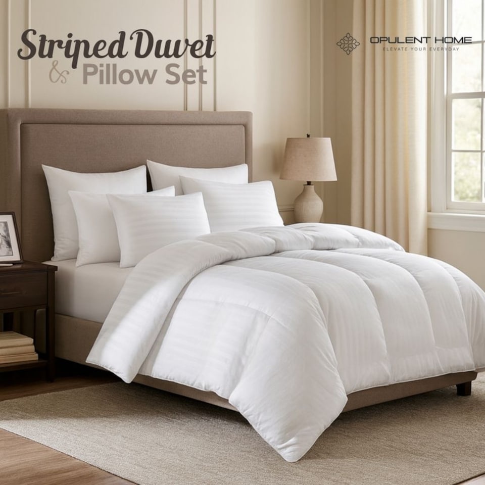 image 1 of Opulent Home Striped 3 Tog Microfiber Summer Duvet and Pillow Set|White|Single