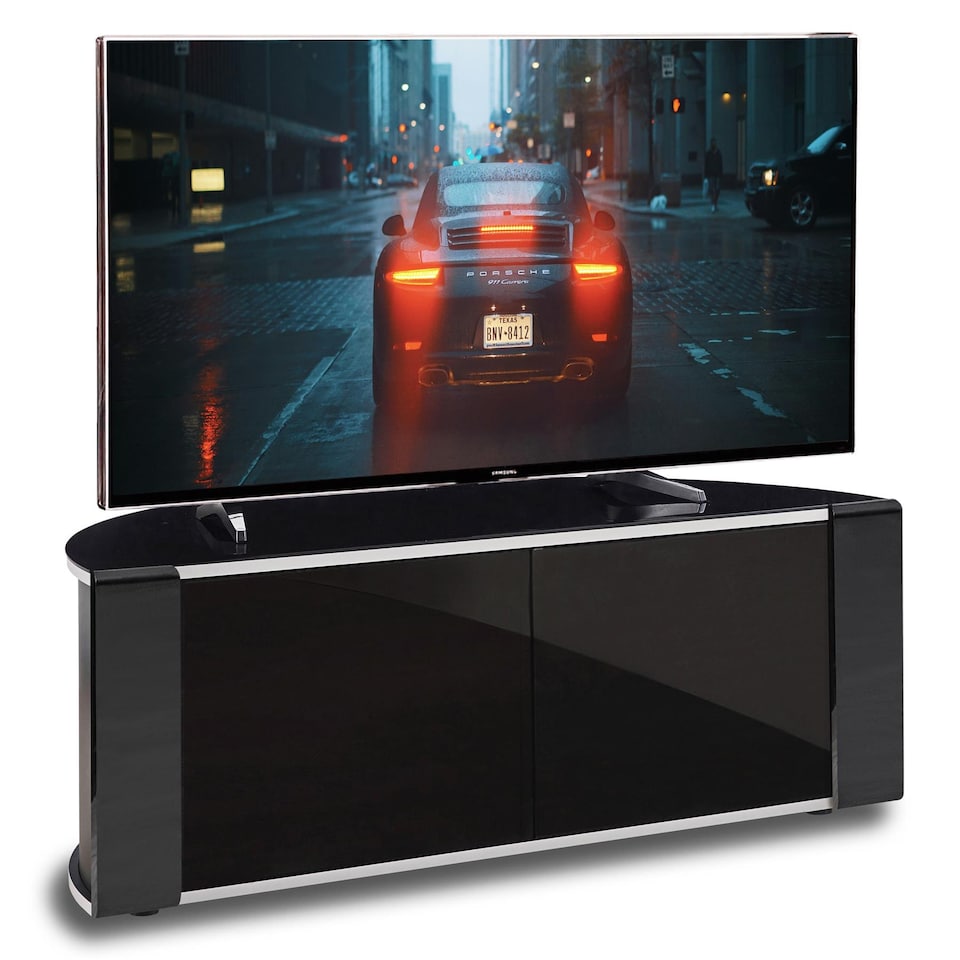 image 1 of MDA Designs Sirius 850 Remote Friendly Beam Thru Glass Door Gloss Piano Black with Black Front Profiles & Silver Trim up to 40" LCD/Plasma/LED Cabinet TV Stand | Multi | 1