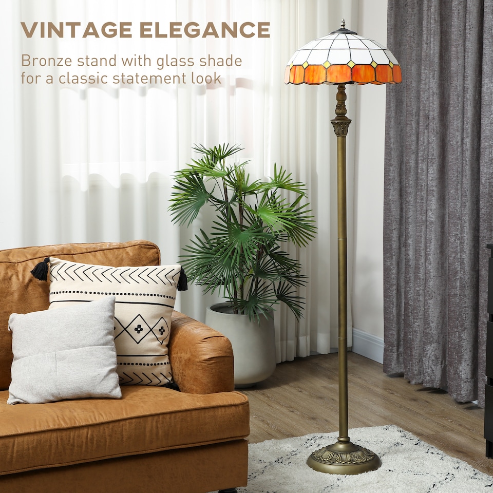 image 1 of HOMCOM Tiffany-Style Floor Lamp with Handcrafted Stained Glass Shade, 152cm Tall Vintage Standing Lamp with Foot Switch and Dual Sockets for Living Room Bedroom, Bronze Tone and Orange | Orange