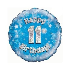 Blue Happy 11th Birthday Holographic Round Foil Helium Balloon 46cm / 18 in