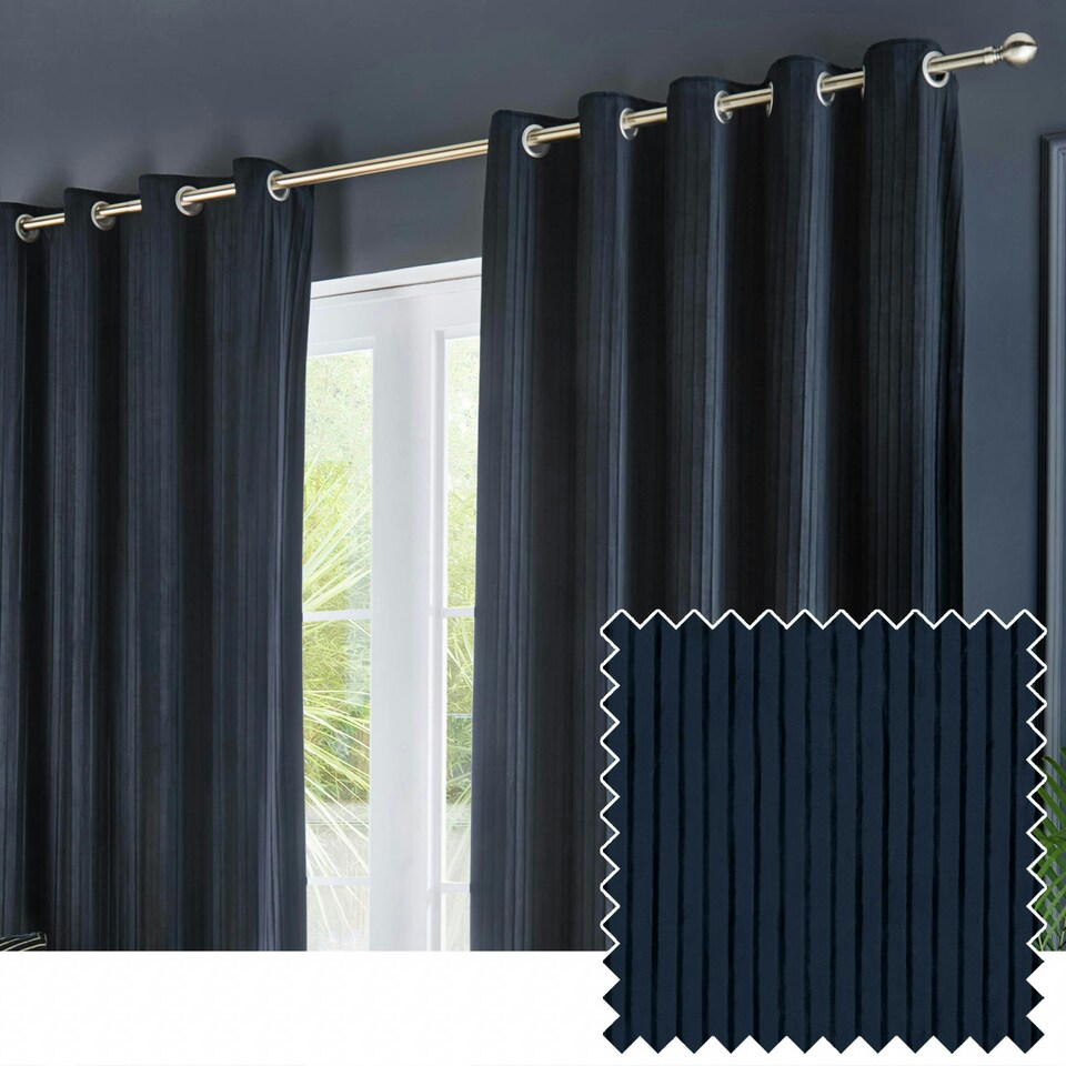 image 1 of Paoletti Corinthian Velvet Room Darkening Navy Eyelet Curtains (W)168cm x (W)229cm cm | Multi