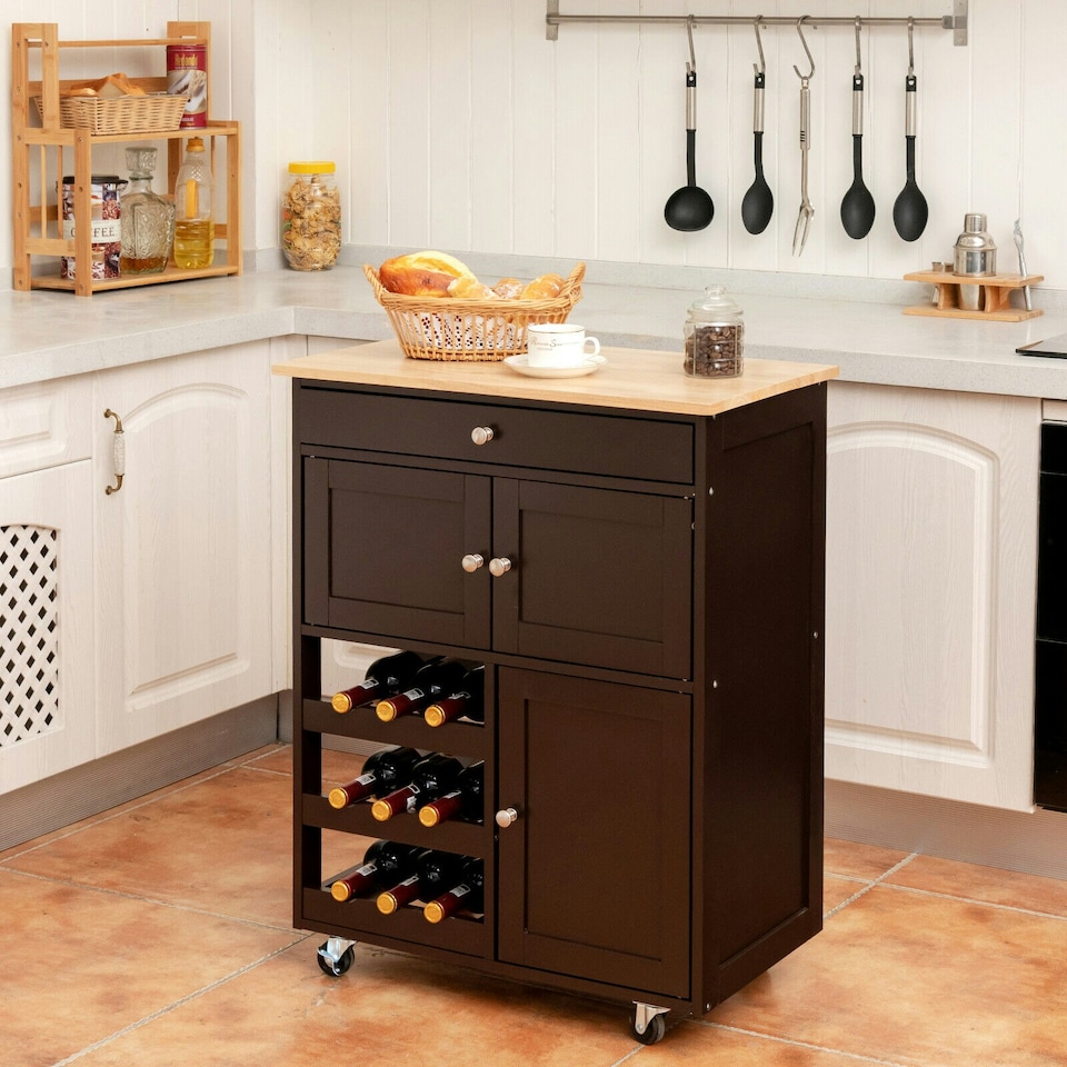 image 1 of COSTWAY Rolling Kitchen Storage Trolley Cupboard Island Brown