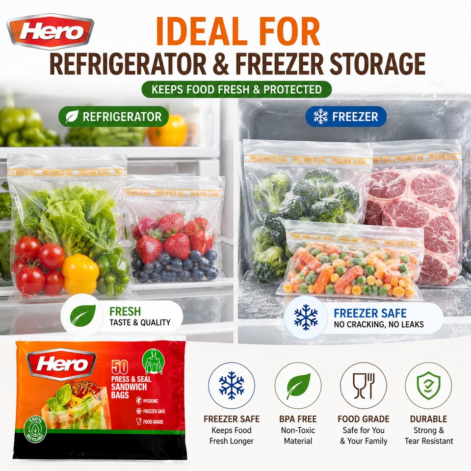 image 1 of Hero Reusable Press Seal Freezer Bags - Pack of 50 BPA Free Food Storage Bags for Sandwiches, Fruit, Meat, Vegetables & Freezer Storage