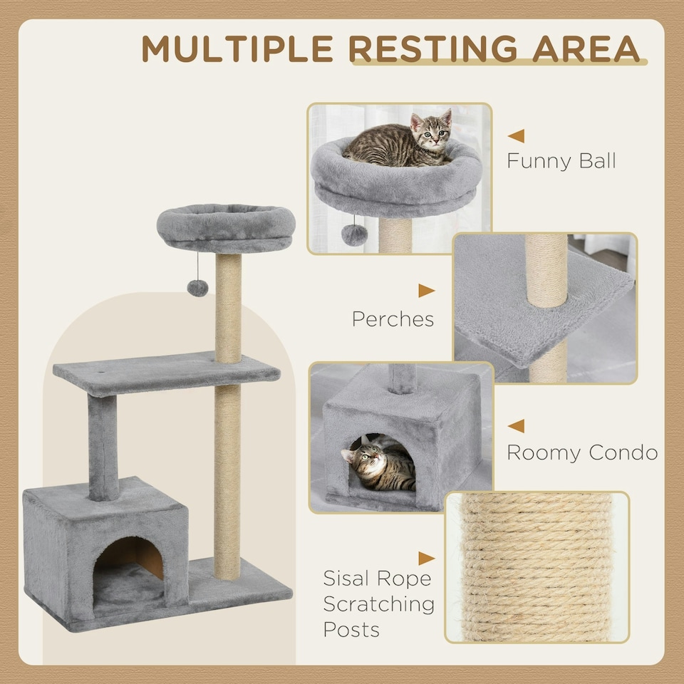 image 1 of PawHut Cat Tree Tower Indoor with Condo Sisal Scratch Post, 96cm Tall, Grey