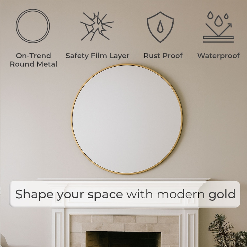 image 1 of Neo 70cm Gold Round Metal Frame Wall Mirror Float Glass HD Reflection Anti Rust Moisture Proof Wall Mounted Bathroom Bedroom Hallway Living Room Vanity | Gold | Gold