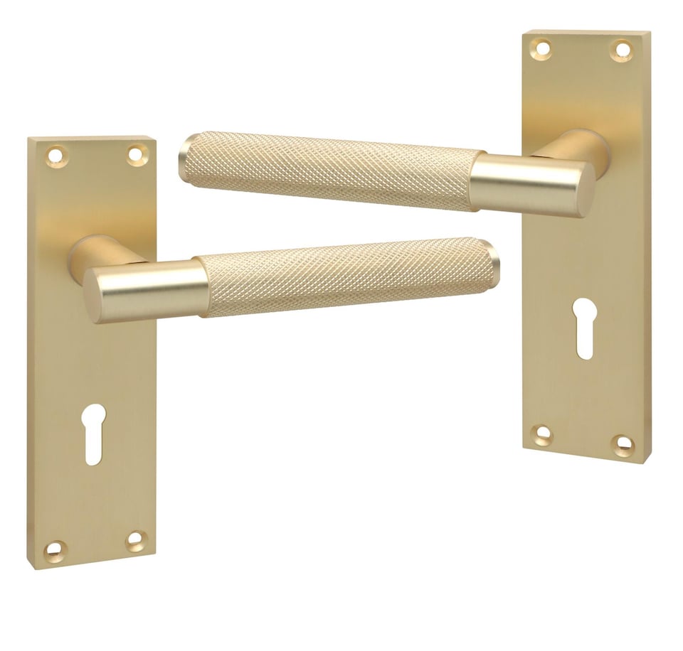 image 1 of Golden Grace Victorian T-Bar Knurled Lock Door Handle Set Satin Brushed Brass Finish with 2.5in 3 Lever Lock - 150 x 40mm