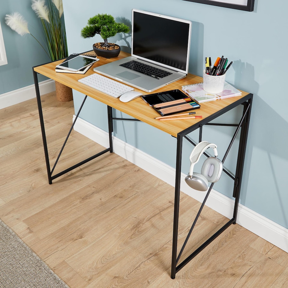 image 1 of Folding Compact Desk Storage Hook Wood Metal Office Computer Table Workstation | Brown