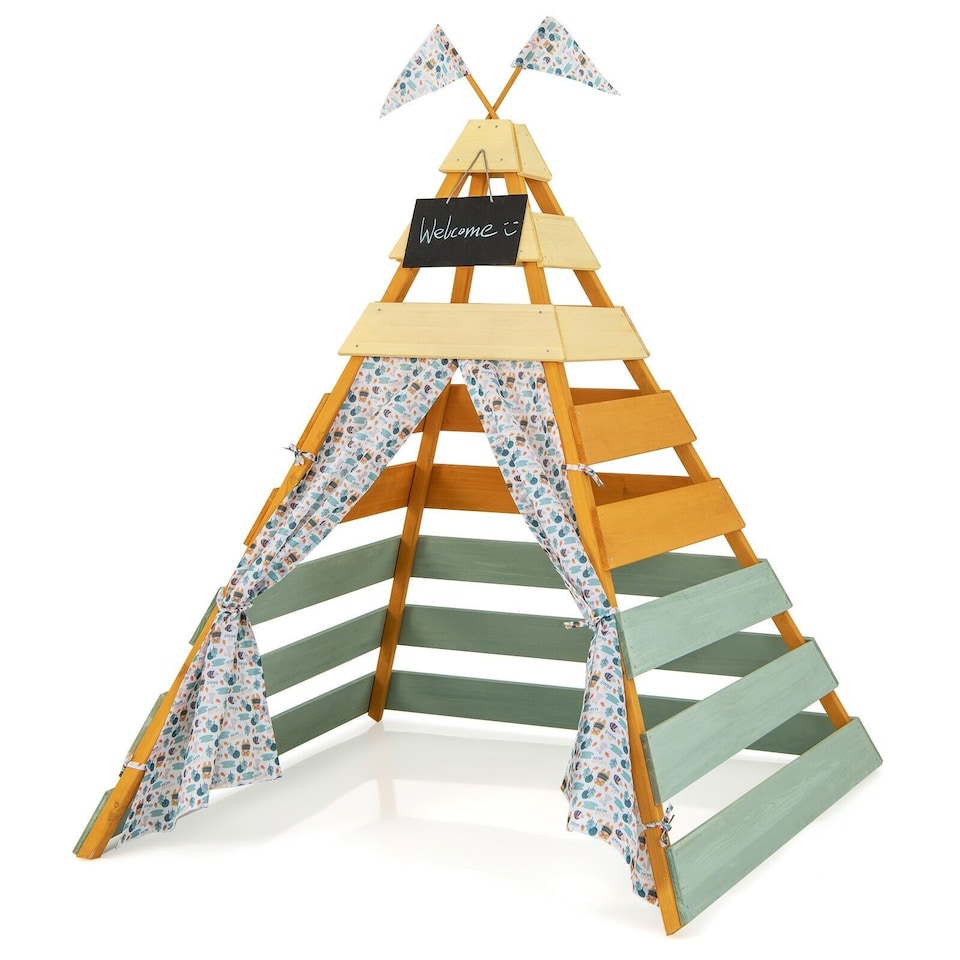 image 1 of COSTWAY Wooden Play Tent Indoor Kids Teepee Tent Triangle Hideaway Playhouse