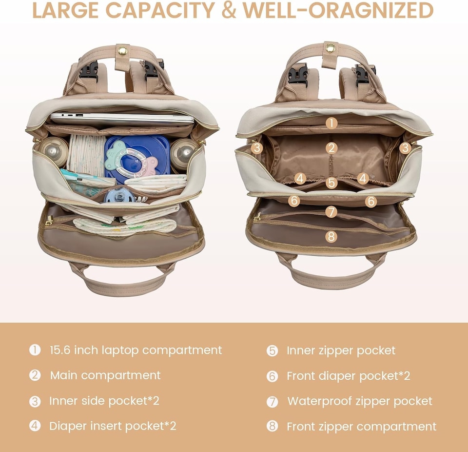image 1 of LOVEVOOK Diaper Bag Backpack, Baby Bag with Changing Pad, Large Diaper Backpack Boy Girl, Waterproof Baby Registry Bag for Mom Dad with Stroller Buckles, Beige-khaki | Brown | beige-khaki