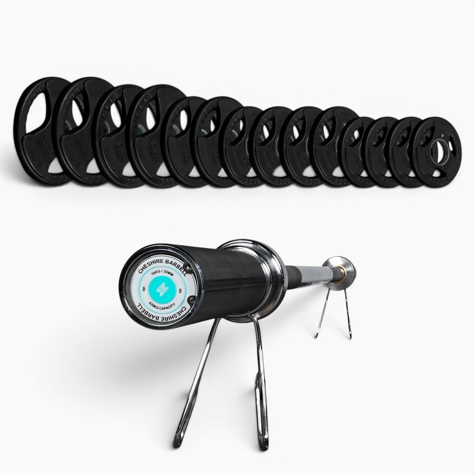 image 1 of GYM SETS Tri Grip Olympic Weight Plates- (75kg Precision Set / With 6ft Cheshire Barbell + Clips)