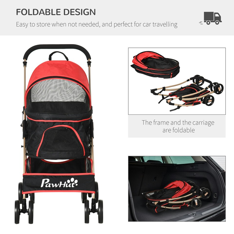 image 1 of PawHut 3 In 1 Pet Stroller, Detachable Dog Cat Travel Carriage - Red
