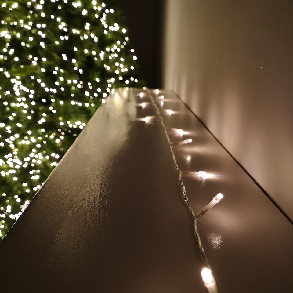 image 1 of 100 LED 10m Premier Christmas Outdoor Multi Function Battery Lights with Timer & Clear Cable in Warm White